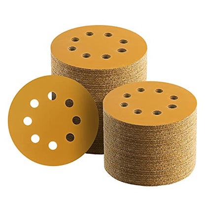 100 Pcs 5 Inch Sanding Discs Hook and Loop, 8 Hole Gold Premium 800 Grit Dustless Random Orbit Sandpaper for Woodworking or Automotive - style: 800 Grit-100 Discs