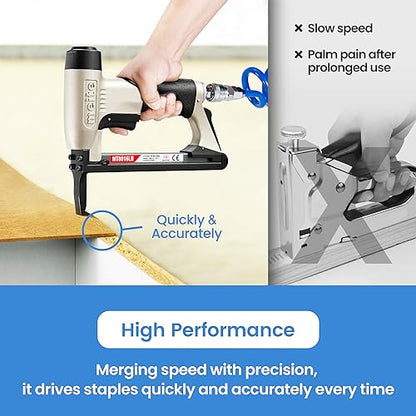 meite Upholstery Staple Gun with Extended Nose for 21 Gauge 1/2-Inch Crown Staples, Heavy-Duty Pneumatic Stapler for Woodworking, Carpentry, and Decoration DIY Projects (Model MT8016LN)