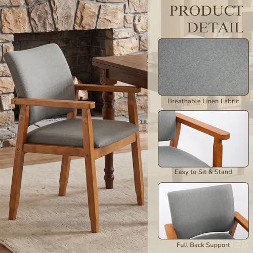 GOTMINSI Mid-Century Modern Linen Dining Chair with Arms, Solid Wood Frame, 320 lbs Weight Capacity, Grey Upholstered Accent Chair for Kitchen Dining Room Living Room (2pcs) - color: Grey, size: 2pcs