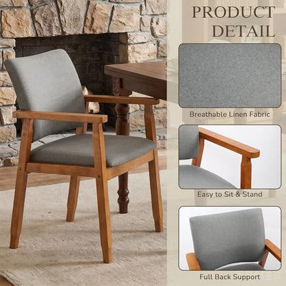 GOTMINSI Linen Fabric Dining Chair with Arms, Solid Wood Frame, 320 lbs Load Capacity, Mid-Century Modern Upholstered Side Chair for Kitchen, Dining Room, Living Room (Grey, 5pcs) - color: Grey, size: 5pcs