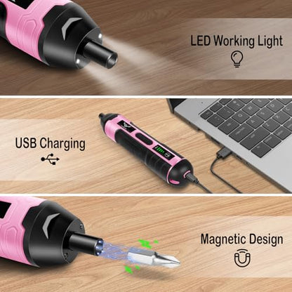 3.6V Electric Screwdriver Rechargeable, Cordless Screwdriver - color: Pink-21pcs