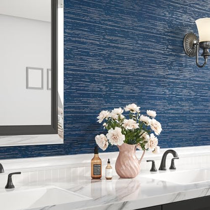 VEELIKE Indigo Blue Grasscloth Peel and Stick Wallpaper Textured Grasscloth Wallpaper Prepasted 15.7''x118'' Blue Grasscloth Contact Paper Removable Grass Cloth Wallpaper for Bedroom Bathroom - color: Indigo Blue, size: 15.7" x 118"