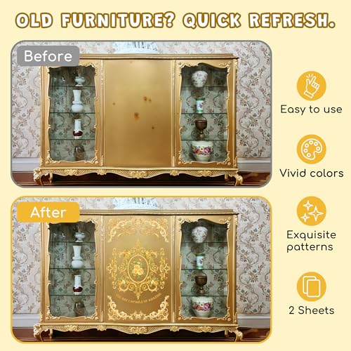 Joeyan Rub On Transfers for Crafts and Furniture, 2 Sheets Large Gold Floral Rub on Stickers DIY Flower Transfer Decals for Wood Glass Metal Canvas Porcelain Plastic Home Decorations, 11" x16" - style: Gold Floral