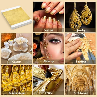 400Pcs Gold Leaf Sheets, 5.1"x5.1" Imitation Transfer Gold Leaf Sheets for Art, No Edible Glitter Gold Flakes Foil Paper Sheets for Nail Painting Jewelry Furniture Renovation & Gilding DIY Crafts