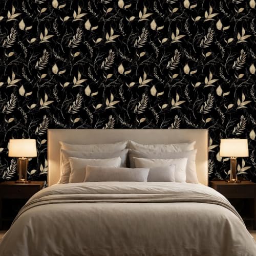 Dark Black and Gold Leaf Peel and Stick Wallpaper 17.7" x 59" - color: Black&Gold, size: 17.7" x 59"