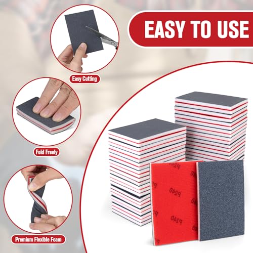 72Pcs Sanding Sponges 80-3000 Grit - Wet/Dry Sandpaper Sponge for Drywall, Wood, Metal, Glazing, Hook & Loop Backing for Hand Sanders, Oxidized Aluminum Abrasive, Flocked Surface