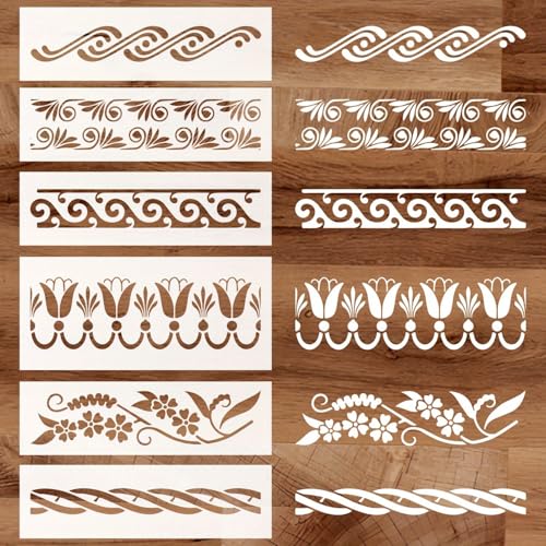 Border Stencil 6pcs Reusable Plastic Templates 12inch Craft Paint Template Stencils Painting on Wood Furniture Wall Canvas Floor