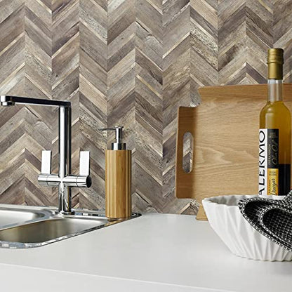 STICKGOO Herringbone Tile Peel and Stick Backsplash for Kitchen&Bathroom - color: Faux Wood Mixed Gold
