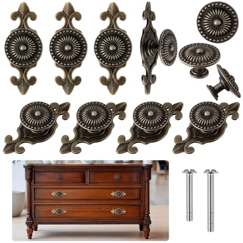 10 Pcs Antique Brass Cabinet Knobs Vintage Retro Drawer Knobs with Backplate Flower Shape Metal Dresser Pull Handles for Kitchen Cupboard Wardrobe Cabinet(Sunburst) - style: Sunburst