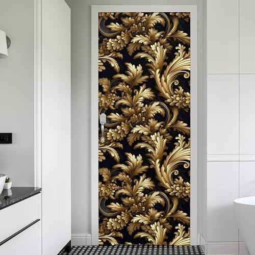 REDAMANCY Dark Black Gold Damask Flower Peel and Stick Door Stickers Vinyl 3D Door Mural Decals Decor Wallpaper Self-Adhesive, Waterproof, Removable - color: Mta-19