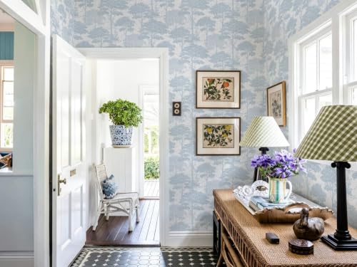 Ismoon Blue Peel Stick Wallpaper Forest Mural Toile Stick on Wallpaper - color: Dusty Blue, size: 17.3" x 393"