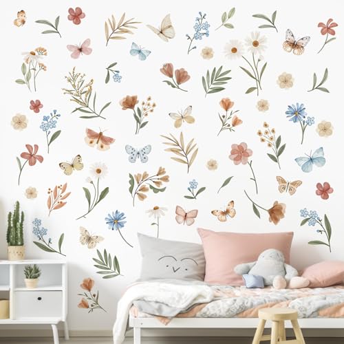 decalmile Boho Daisy Flower Floral Butterflies Wall Decals Stickers - color: Flower