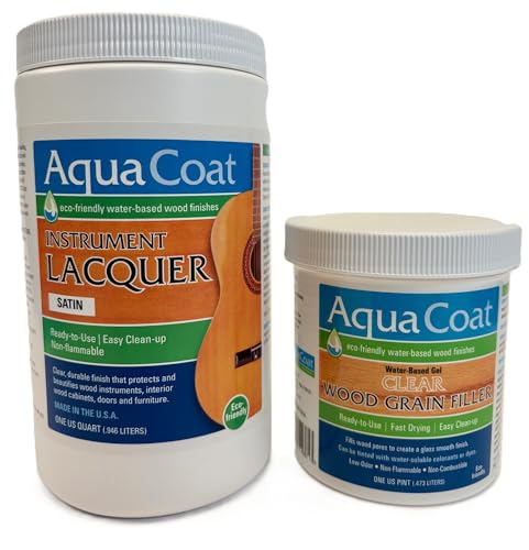 Aqua Coat Water Based Wood Finishing Bundle - Clear Wood Grain Filler Gel, Clear Instrument Lacquer Satin Topcoat, DIY, Low Odor, Fast Drying, Extreme Clarity, Water Cleanup