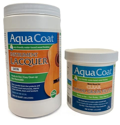 Aqua Coat Water Based Wood Finishing Bundle - Clear Wood Grain Filler Gel, Clear Instrument Lacquer Satin Topcoat, DIY, Low Odor, Fast Drying, Extreme Clarity, Water Cleanup