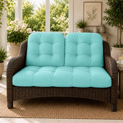 All Weather Outdoor Wicker Chair Cushions of 3 Pieces, Waterproof Outdoor Wicker Chair Cushion for Patio Furniture Loveseat Settee Bench, 1 Loveseat and 2 U-Shaped Thickened Cushions, Teal - color: Teal
