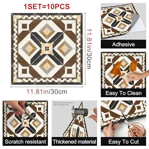 HOMETITUTE Rustic Geometric Brown Beige Peel Stick Floor 12x12 Vinyl - color: Brown, Beige