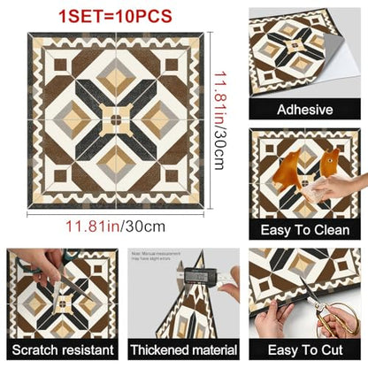 HOMETITUTE Rustic Geometric Brown Beige Peel Stick Floor 12x12 Vinyl - color: Brown, Beige