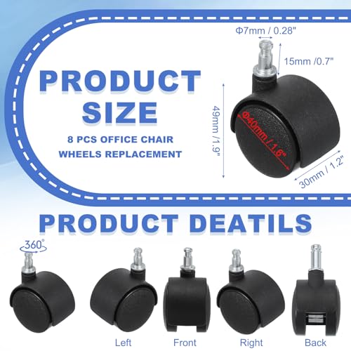 PATIKIL Office Chair Wheels Replacement 1.5", 8 Pcs Nylon Heavy Duty Office Furniture Casters Wheels with Universal Wheel for Hardwood Floor Carpet, Black(Grip Neck Stem) - size: 1.5"