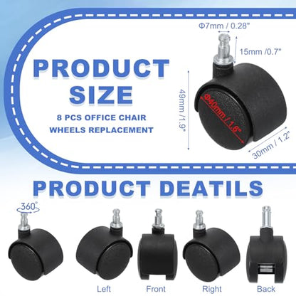 PATIKIL Office Chair Wheels Replacement 1.5", 8 Pcs Nylon Heavy Duty Office Furniture Casters Wheels with Universal Wheel for Hardwood Floor Carpet, Black(Grip Neck Stem) - size: 1.5"