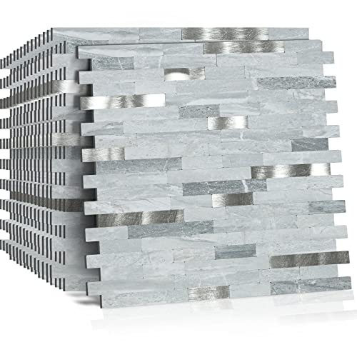 Midcard 10 Sheets Peel and Stick Backsplash PVC Wall Tile,for Kitchen Backsplash - color: Rectangular Light Blue with Metallic Silver