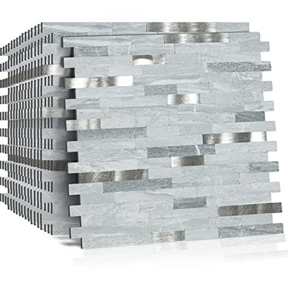 Midcard 10 Sheets Peel and Stick Backsplash PVC Wall Tile,for Kitchen Backsplash - color: Rectangular Light Blue with Metallic Silver