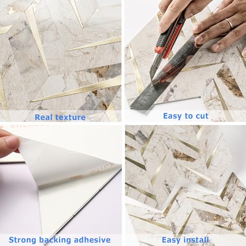 STICKGOO Herringbone Tile Peel and Stick Backsplash for Kitchen&Bathroom - color: Polished Pandora Marble Mixed Metal Gold