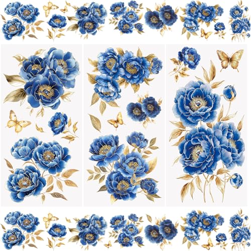 WANDIC 3 Sheets Rub On Transfer Stickers, Blue Flowers Pattern Waterproof Decals Furniture Craft Embellishments for DIY Scrapbooking Photo Albums,15 * 30cm - color: Blue