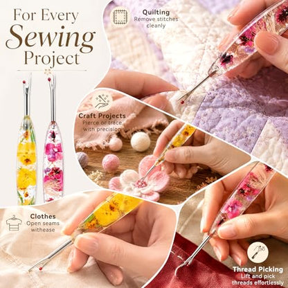 Reessy Seam Ripper for Sewing, 2PCS Small & Large Stitch Remover Tools with Floral Resin Handles, Cute Sewing Seam Rippers for Quilting, Alterations, Thread Picking, Stitch Removal & Craft Supplies - color: yellow purple