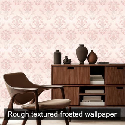 HOMETITUTE Pink Damask Peel and Stick Wallpaper 118.1x17.7 Inch Vinyl - color: Pink Classic Damask