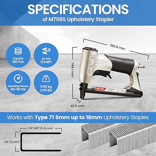 meite MT7116S Pneumatic Upholstery Stapler 22 Gauge 71 Series 3/8" Crown Industrial Fine Wire Stapler with Safety