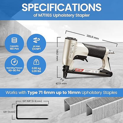 meite MT7116S Pneumatic Upholstery Stapler 22 Gauge 71 Series 3/8" Crown Industrial Fine Wire Stapler with Safety