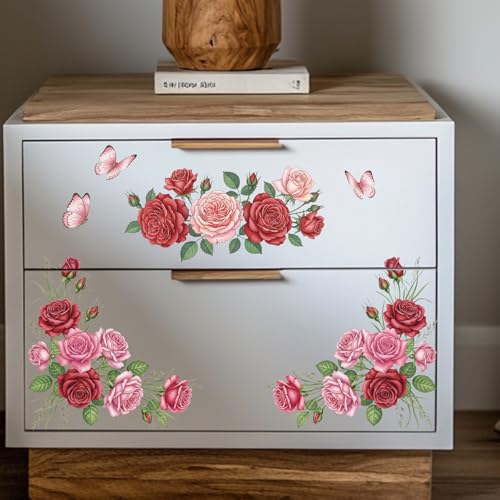 GLOBLELAND 4 Sheets Roses Flowers Corners Furniture Transfers Stickers 6x12inch Pink Roses Rub on Transfer UV Self-Adhesive Stickers Wall Art Craft for Bedroom Living Room Table Decoration