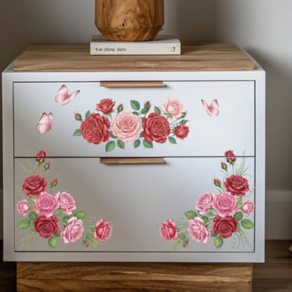 GLOBLELAND 4 Sheets Roses Flowers Corners Furniture Transfers Stickers 6x12inch Pink Roses Rub on Transfer UV Self-Adhesive Stickers Wall Art Craft for Bedroom Living Room Table Decoration