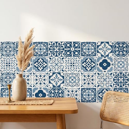 30 Pack Blue and White Peel and Stick Backsplash, 4x4 Inch Mediterranean Tile Stickers, Waterproof Vinyl Wall Decals for Kitchen & Bathroom