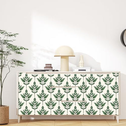 BOKEBEVE Boho Leaf Peel Stick Wallpaper Damask Beige Green 17.5 x 118In - color: Beige/Green, size: 17.5" x 118"