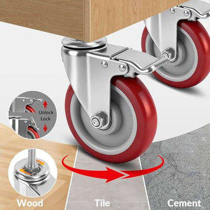Caster Wheels,5 Inch Locking Swivel Caster for Furniture with Threaded Stem - size: 5"4pack