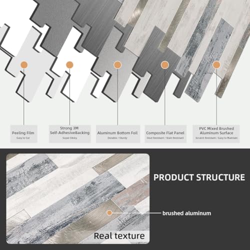 Yew & Tulip Peel and Stick Backsplash Wall Tile, 10-Sheet Metal PVC Mosaic Tiles for Kitchen Backsplash, Beige Wood Grain PVC Mixed Metal Self Adhesive Mosaic Tile (10 PCS/Box, Beige Strip) - color: Beige Strip