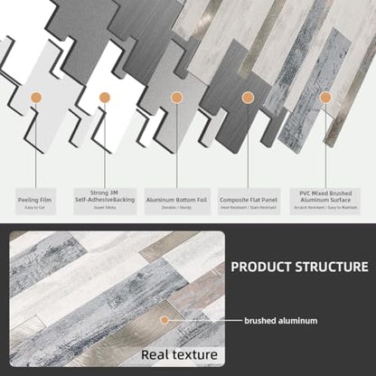 Yew & Tulip Peel and Stick Backsplash Wall Tile, 10-Sheet Metal PVC Mosaic Tiles for Kitchen Backsplash, Beige Wood Grain PVC Mixed Metal Self Adhesive Mosaic Tile (10 PCS/Box, Beige Strip) - color: Beige Strip