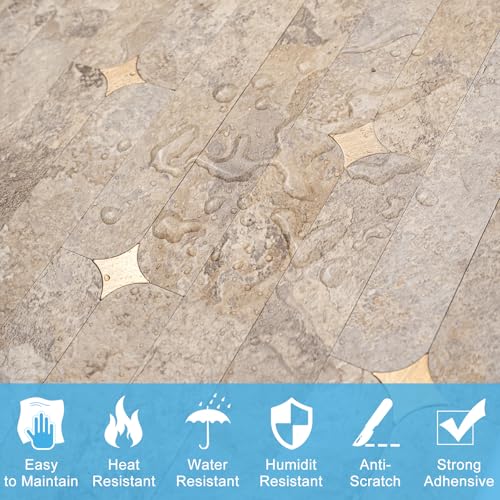 Peel and Stick Backsplash Tiles, Beige Slate Mixed Gold Stellate Self-Adhesive PVC Metal Mosaic Tiles for Kitchen & Bathroom (10 Sheets) - color: Beige Slate Mixed Gold Stellate