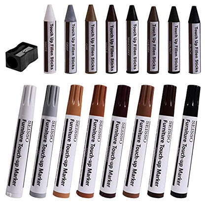 SEISSO 17 Piece Furniture Touch Up Markers Kit with Wax Sticks Sharpener - color: 8 + 8 Colors