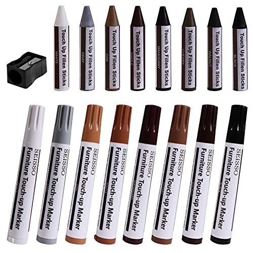 SEISSO 17 Piece Furniture Touch Up Markers Kit with Wax Sticks Sharpener - color: 8 + 8 Colors