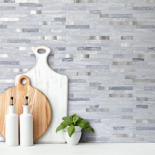 AULIGET 20 Sheets Faux Stone Peel and Stick Backsplash, Light Grey Marble Look PVC Mixed Metal Wall Tiles Stick on Backsplash for Kitchen - color: Light Grey + Metal Silver, size: 20 Sheets, 6"x12"x0.12"