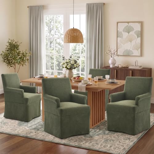 Arm Dining Chair Fabric Long Skirt Slipcovered High Back Upholstered Dinner - color: Green, size: 6 PCS