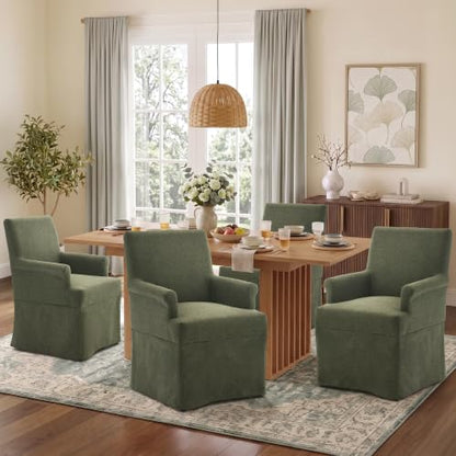 Arm Dining Chair Fabric Long Skirt Slipcovered High Back Upholstered Dinner - color: Green, size: 1 PC