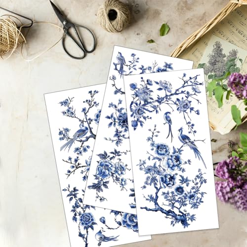 OLYCRAFT 3pcs/Set Blue Flower Rub on Transfers for Furniture and Crafts 15x30cm Blue Bird Decor Transfer Stickers Blue Landscape Rub on Decals for Wood Furniture Scrapbooking Home Decorations