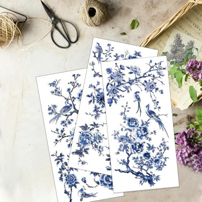 OLYCRAFT 3pcs/Set Blue Flower Rub on Transfers for Furniture and Crafts 15x30cm Blue Bird Decor Transfer Stickers Blue Landscape Rub on Decals for Wood Furniture Scrapbooking Home Decorations