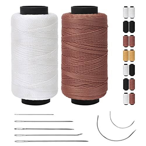 JeogYong Sewing Thread Kit, 2 Pack Polyester Thread with Leather Needles for Hand Sewing, Heavy Duty Thread, Upholstery Weave Thread for Leather Canvas Repair and Sewing (White, Brown) - color: White, Brown, size: 0.8mm x 400yd