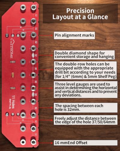 VASTHOME 11 Holes Shelf Pin Jig - 1/4" (6mm) & 5mm Shelf Holes Drilling Jig - size: 11 Holes