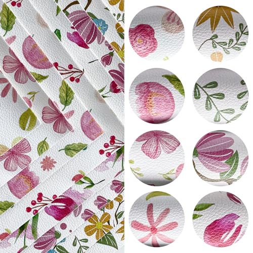 ONEART | 8 Pcs Printed Lychee Texture Faux Leather Sheets, 8"×12" Colorful Floral Synthetic Leather Fabric for Earrings DIY Crafts Making-Flower - color: Flower