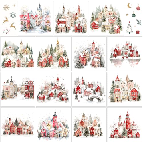 Harloon 15 Pcs Christmas Village Rub on Transfers for Crafts Furniture - style: Village